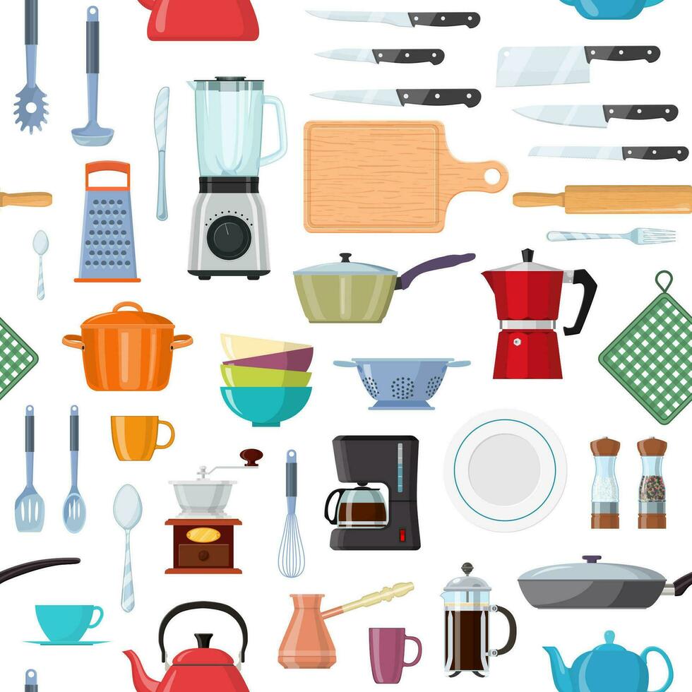 cucina utensili senza soluzione di continuità modello con utensili da cucina attrezzatura. pentolame per cucinando e cucina utensili. vettore illustrazione nel piatto stile.
