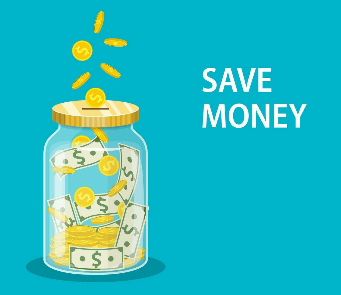 i soldi barattolo. Salvataggio dollaro moneta nel jar.save il tuo i soldi concetto. vettore illustrazione nel piatto stile