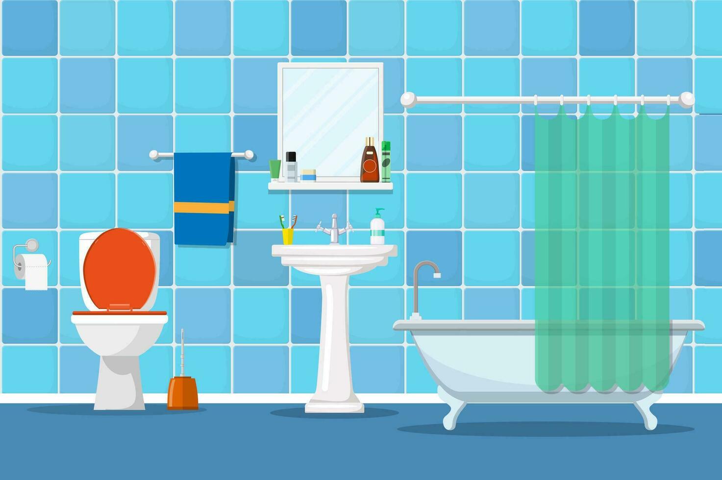 interno di un' bagno con un' gabinetto e Accessori per lavaggio e assunzione un' doccia. vettore illustrazione nel piatto stile