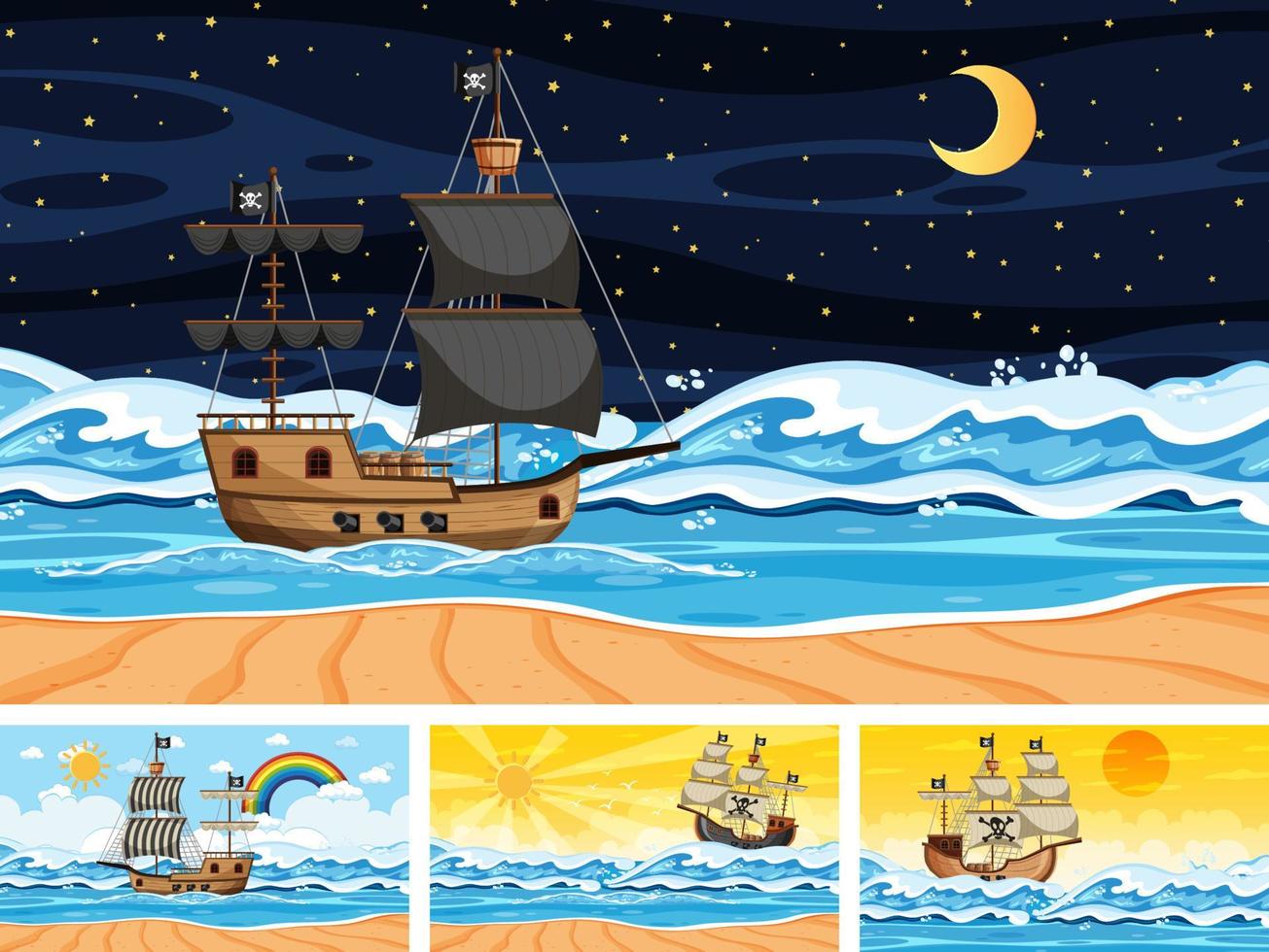 set di oceano con nave pirata in scene di momenti diversi in stile cartone animato vettore