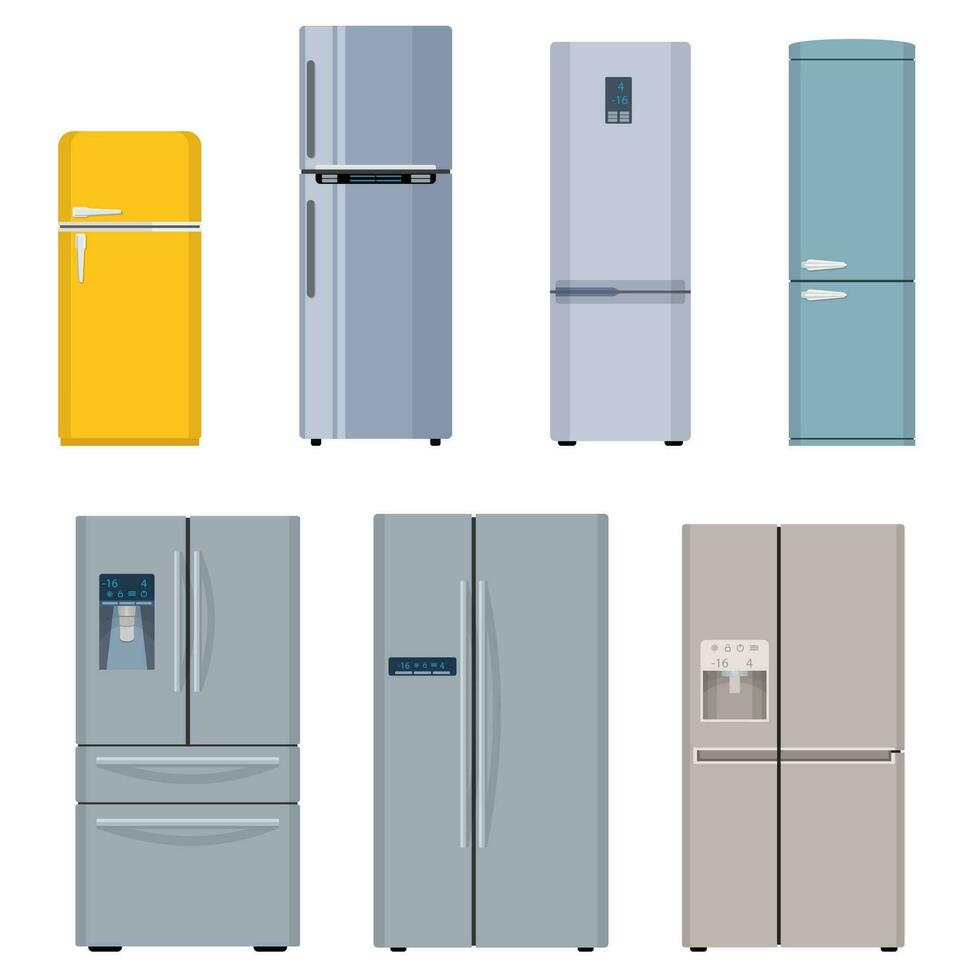 frigorifero icona. impostato frigoriferi, lato di lato, uno porta, Due porte. isolato su bianca sfondo. vettore illustrazione nel piatto stile.