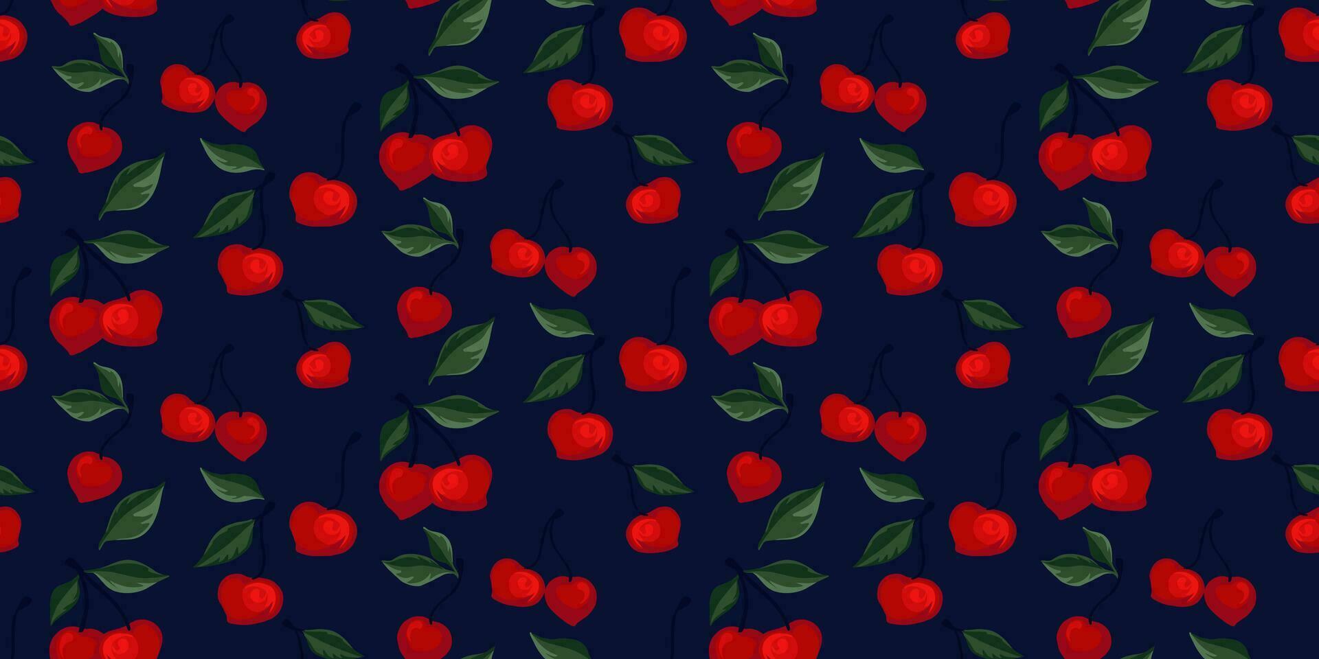 senza soluzione di continuità creativo vivace rosso ciliegie modello su un' buio sfondo. astratto illustrazione frutti di bosco, frutta, le foglie Stampa. vettore mano disegnato schizzo. design per tessuto, moda, tessile, sfondo