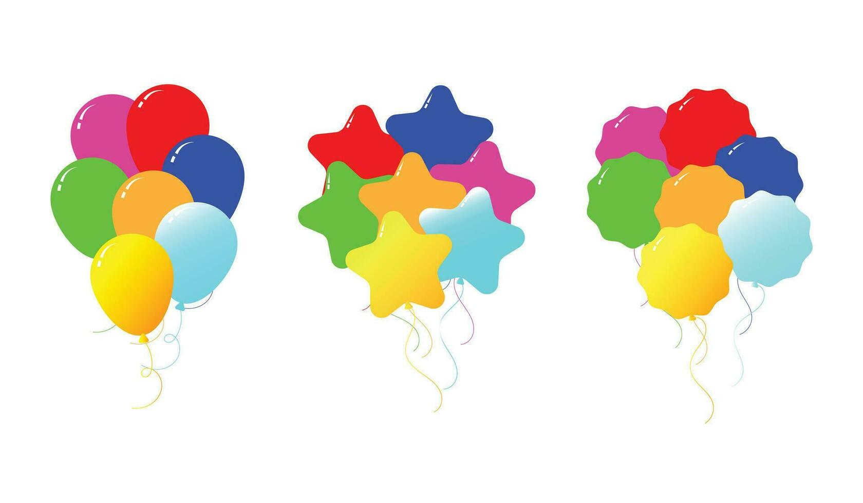 cartone animato palloncini, stelle e etichette festivo divertimento luminosa riflessi colorato elementi brillante volante giocattoli per festa vettore gomma da cancellare aria palloncini