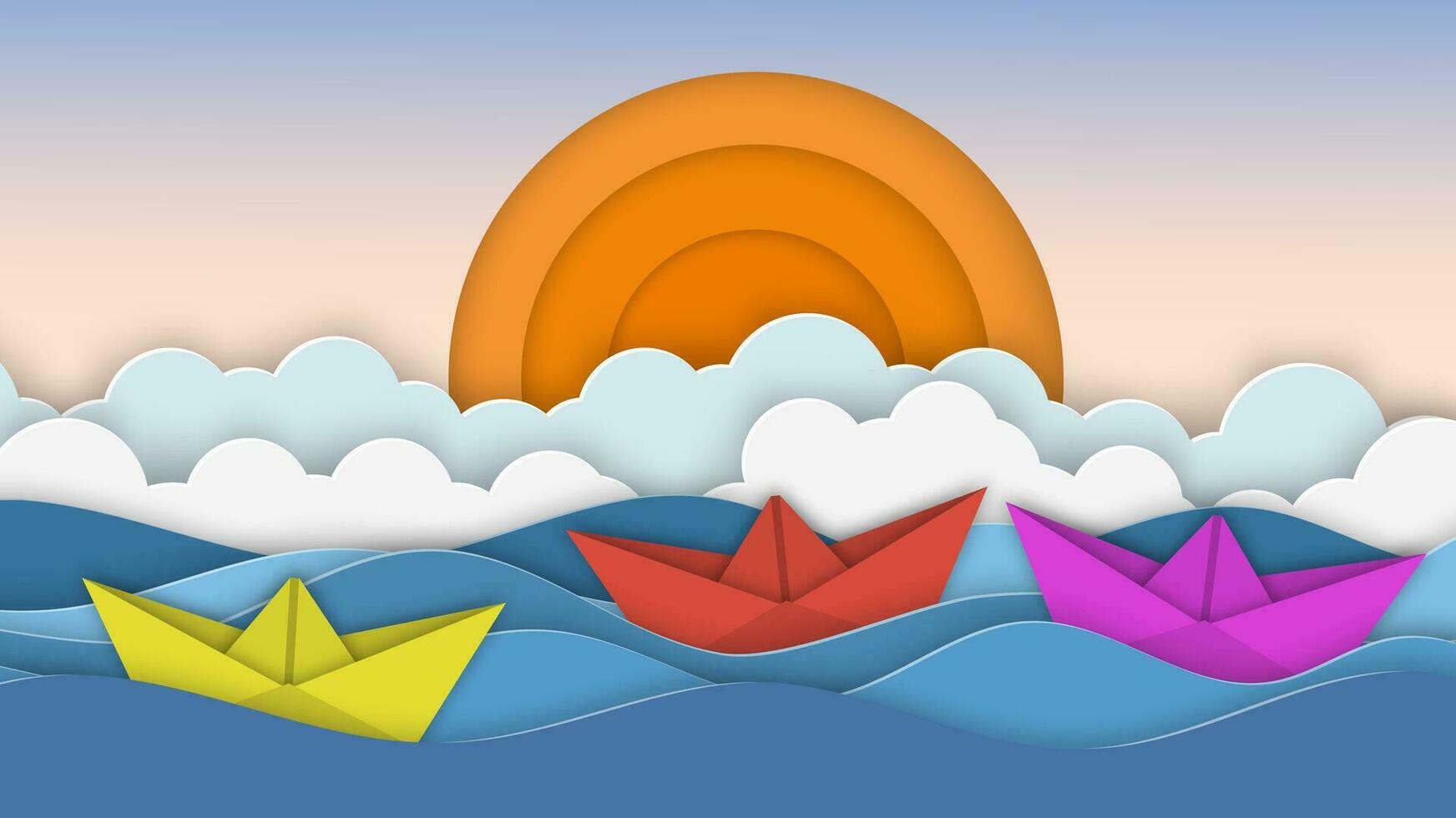 barca a vela nel il mare. sole, nuvole. carta tagliare illustrazione per pubblicità, viaggiare, turismo, crociere, viaggio agenzia vettore illustrazione