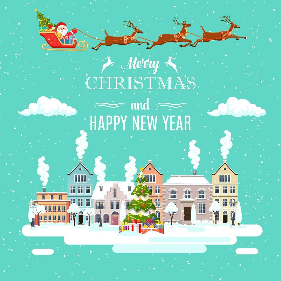 contento nuovo anno e allegro Natale inverno vecchio cittadina strada Santa Claus con Cervi nel cielo sopra il città. concetto per saluto e postale carta, invito, modello. vettore illustrazione nel piatto stile