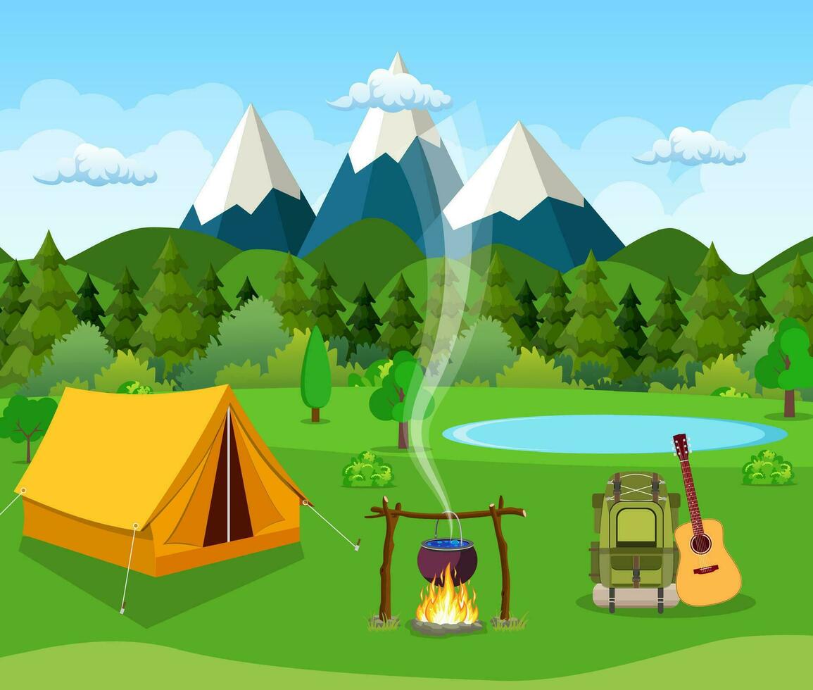 turista tenda e verde prato, montagne su un' nuvoloso cielo. estate campeggio. naturale vettore paesaggio. vettore illustrazione nel piatto design. all'aperto attività. tenda e fuoco campo