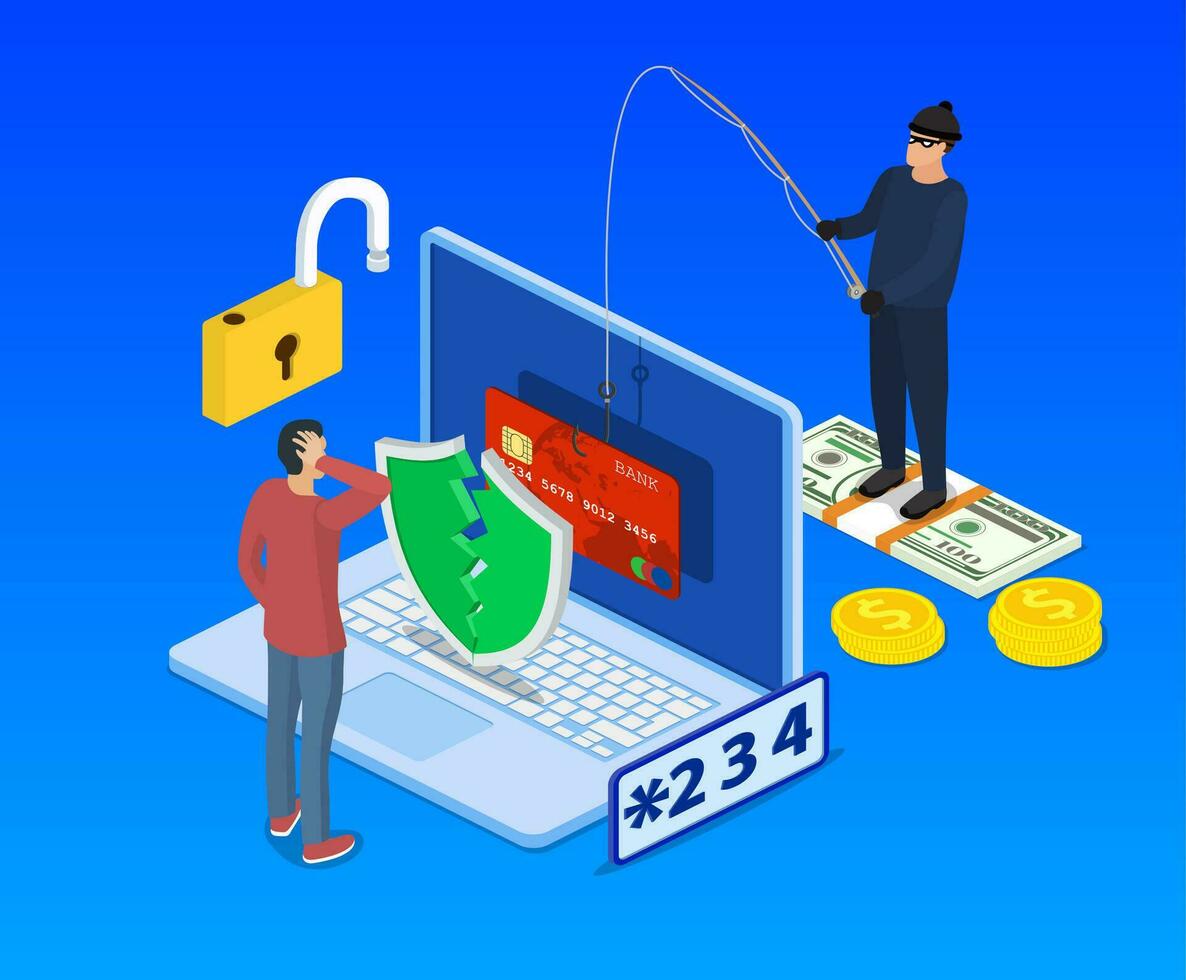 Internet phishing e pirateria attacco isometrico concetto. e-mail spoofing e personale informazione sicurezza sfondo. Internet attacco su credito carta. vettore illustrazione nel piatto design.