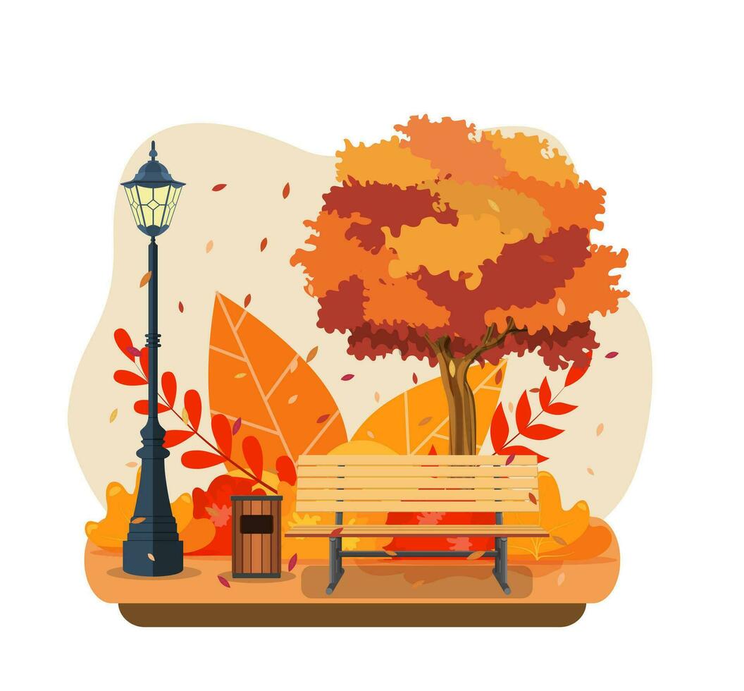 bellissimo autunno città parco con panca. bellissimo urbano autunno parco per striscione, manifesto, ragnatela. vettore illustrazione nel piatto stile.