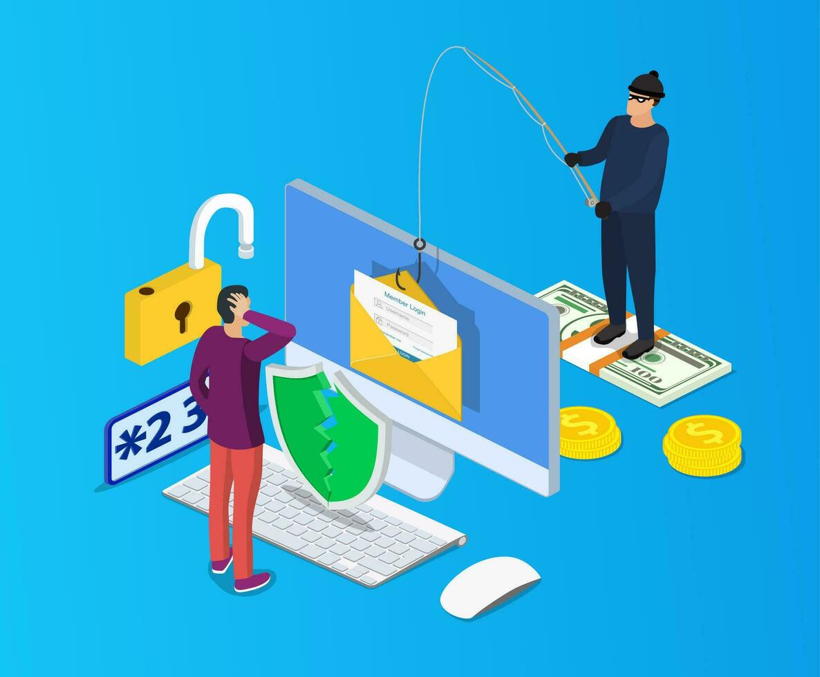 isometrico accesso in account nel e-mail Busta e pesca gancio. Internet phishing, violato accesso e parola d'ordine. rete e Internet sicurezza. anti virus, spyware, vettore illustrazione nel piatto stile