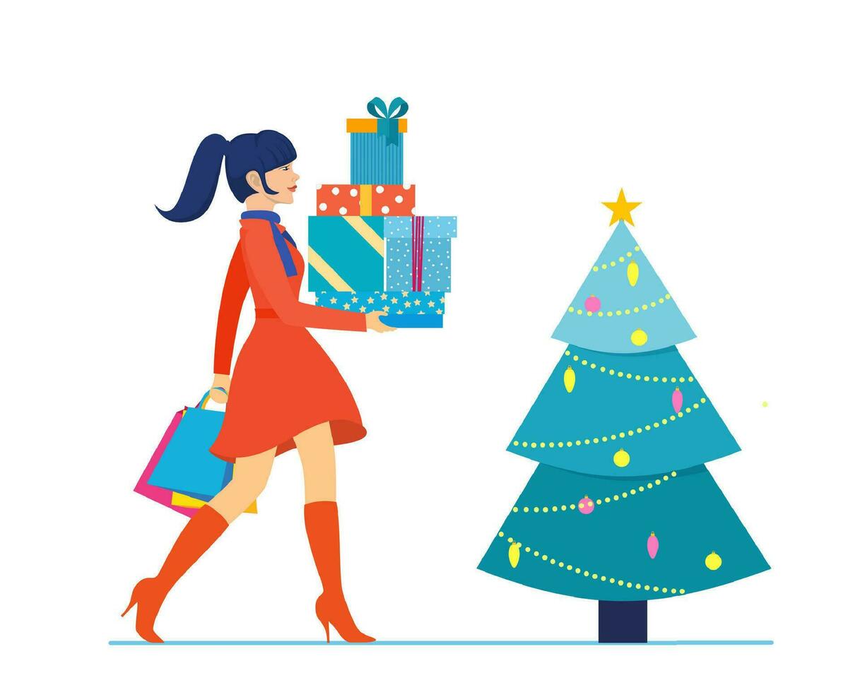 donna con shopping borse a passeggio. allegro Natale saldi. vettore illustrazione nel piatto stile.