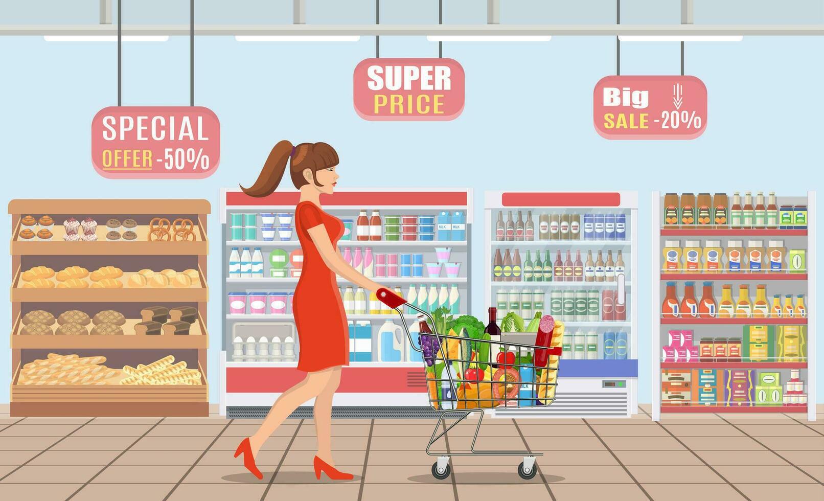 giovane donna spingendo supermercato shopping carrello pieno di drogheria. vettore illustrazione nel piatto stile