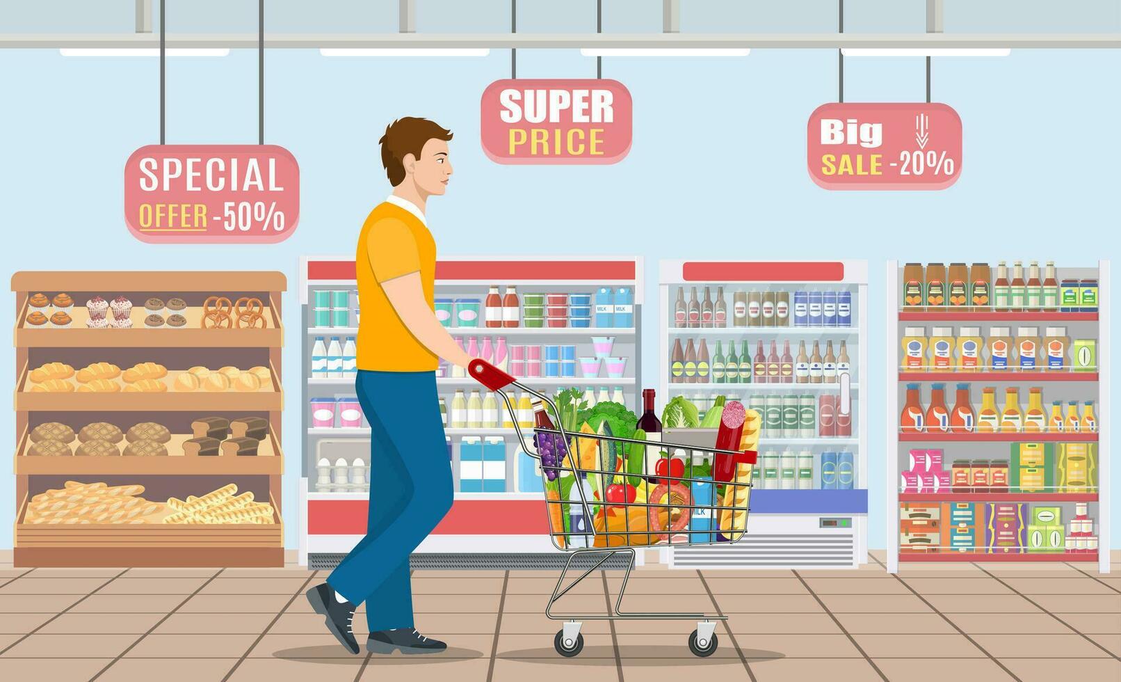 giovane uomo spingendo supermercato shopping carrello pieno di drogheria. vettore illustrazione nel piatto stile