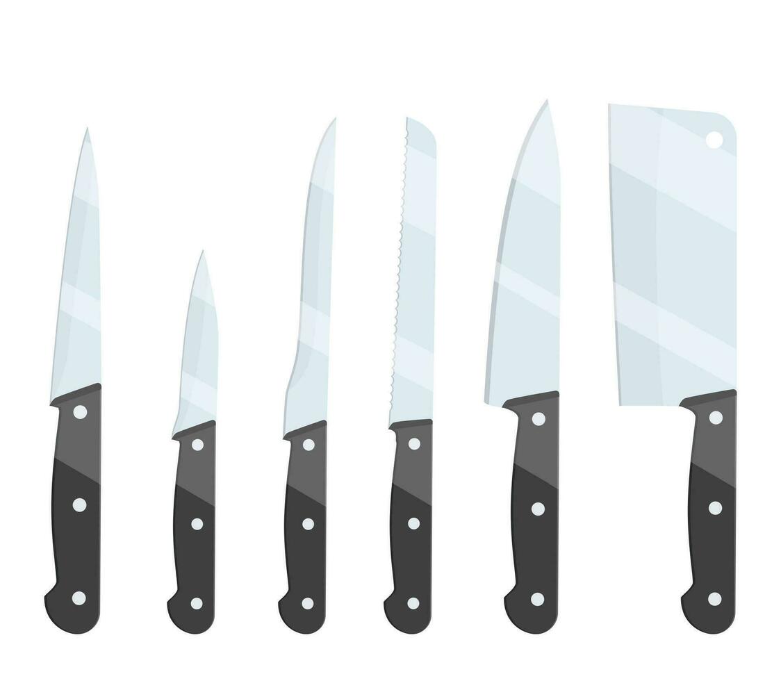 diverso tipi di cucina coltelli impostato icona isolato su bianca sfondo. per ragnatela, manifesto, menù, bar e ristorante. vettore illustrazione nel piatto stile.