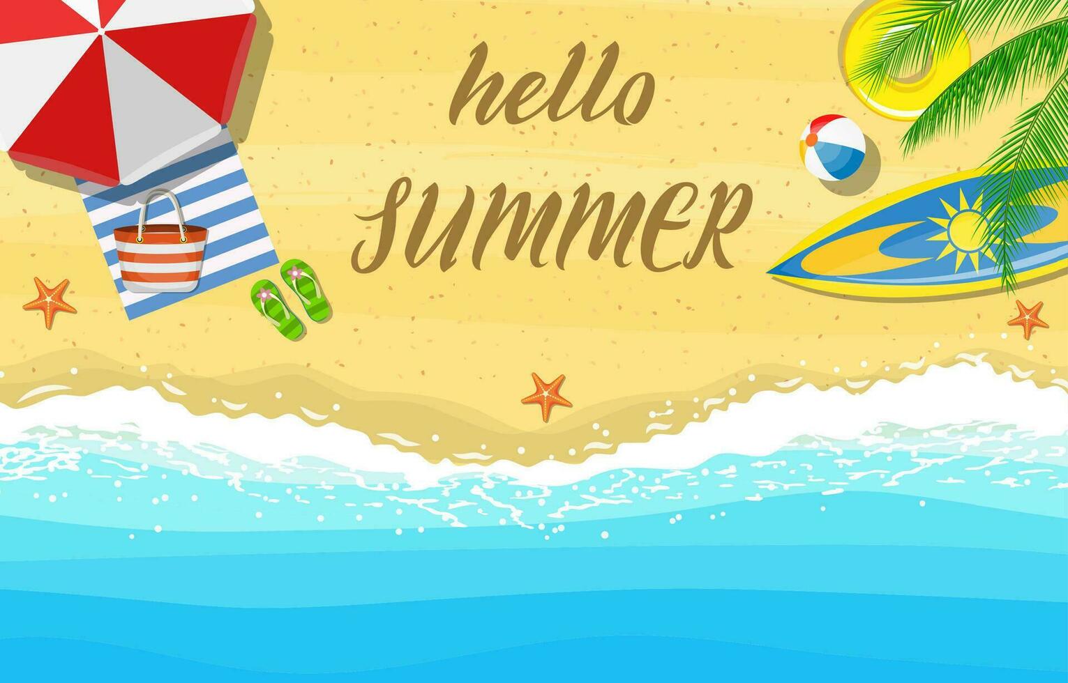 Ciao estate striscione. superiore Visualizza di estate spiaggia con sole ombrello, palla , picnic stuoia, Borsa e mare onda su sabbioso spiaggia vettore