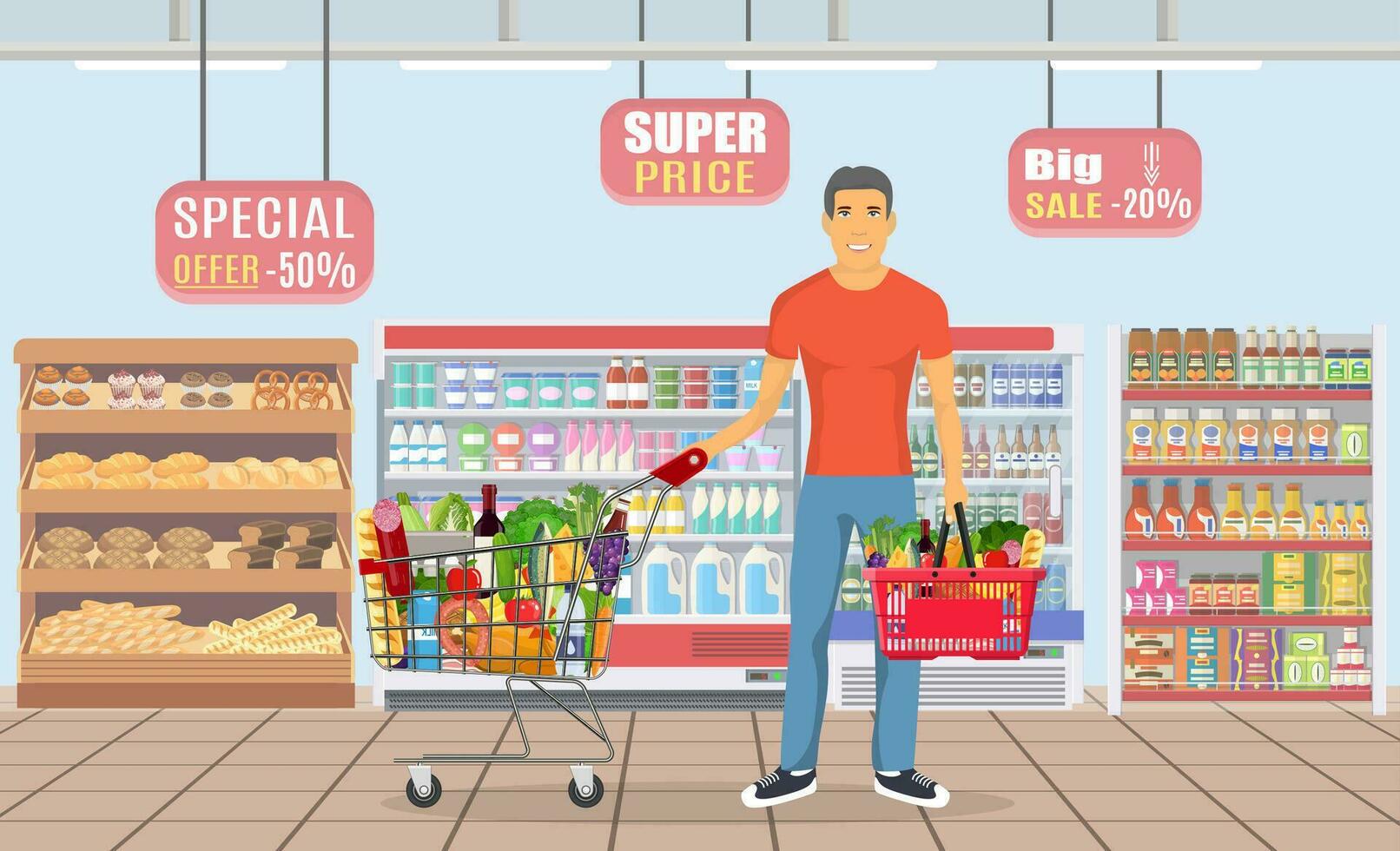 giovane uomo spingendo supermercato shopping carrello pieno di drogheria. vettore illustrazione nel piatto stile