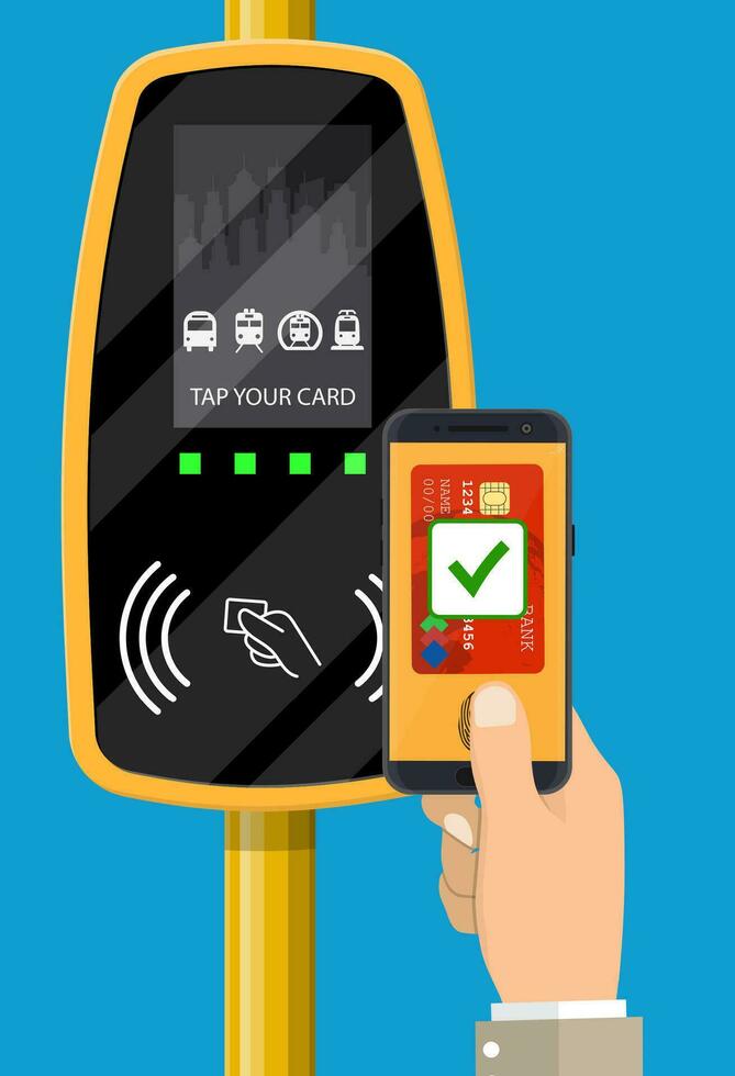 mano con smartphone e banca carta vicino terminale. aeroporto, la metropolitana, autobus, metropolitana biglietto validatore. senza fili senza contatto senza soldi pagamenti, rfid nfc. vettore illustrazione nel piatto stile