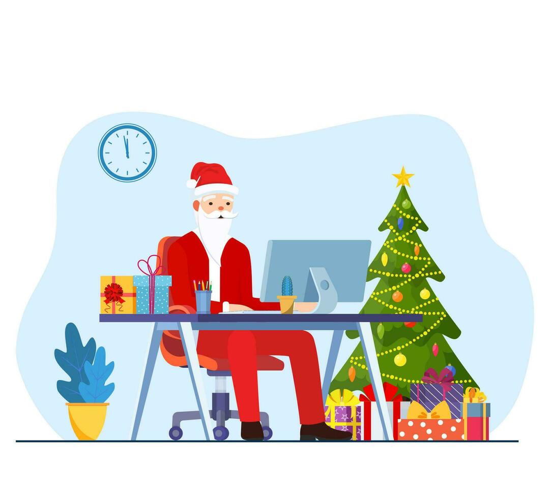 Santa Claus utilizzando il computer portatile seduta a posto di lavoro vicino abete albero con regalo scatole allegro Natale nuovo anno vacanze celebrazione concetto. vettore illustrazione nel piatto stile