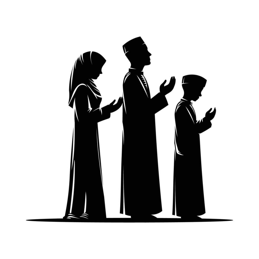 un' sagome di solennemente musulmano ragazzo raccolta loro mani nel preghiera, in ginocchio e inchinandosi, vettore illustrazione