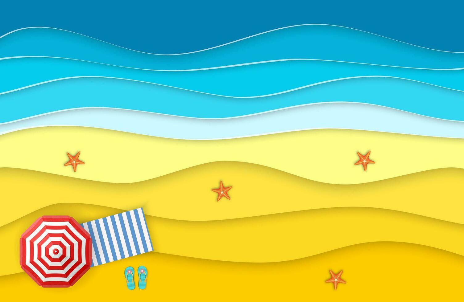 mare paesaggio con spiaggia, onde, infradito scarpa. carta tagliare su digitale mestiere stile. astratto blu mare e spiaggia estate sfondo con carta onde e litorale. vettore illustrazione