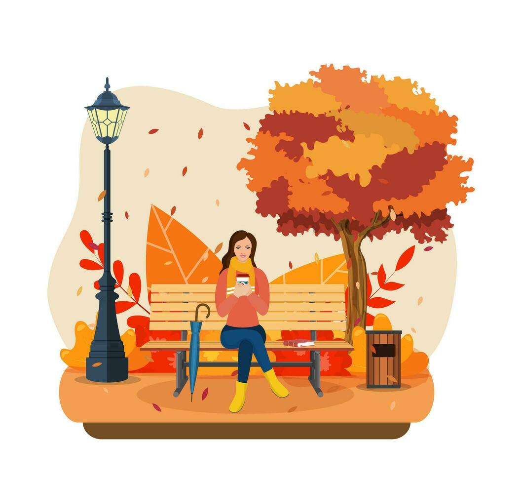 contento ragazza seduta su un' panchina con un' tazza di caffè, sotto un' albero con caduta le foglie nel un' parco. bellissimo autunno città parco con panca. vettore illustrazione nel piatto stile