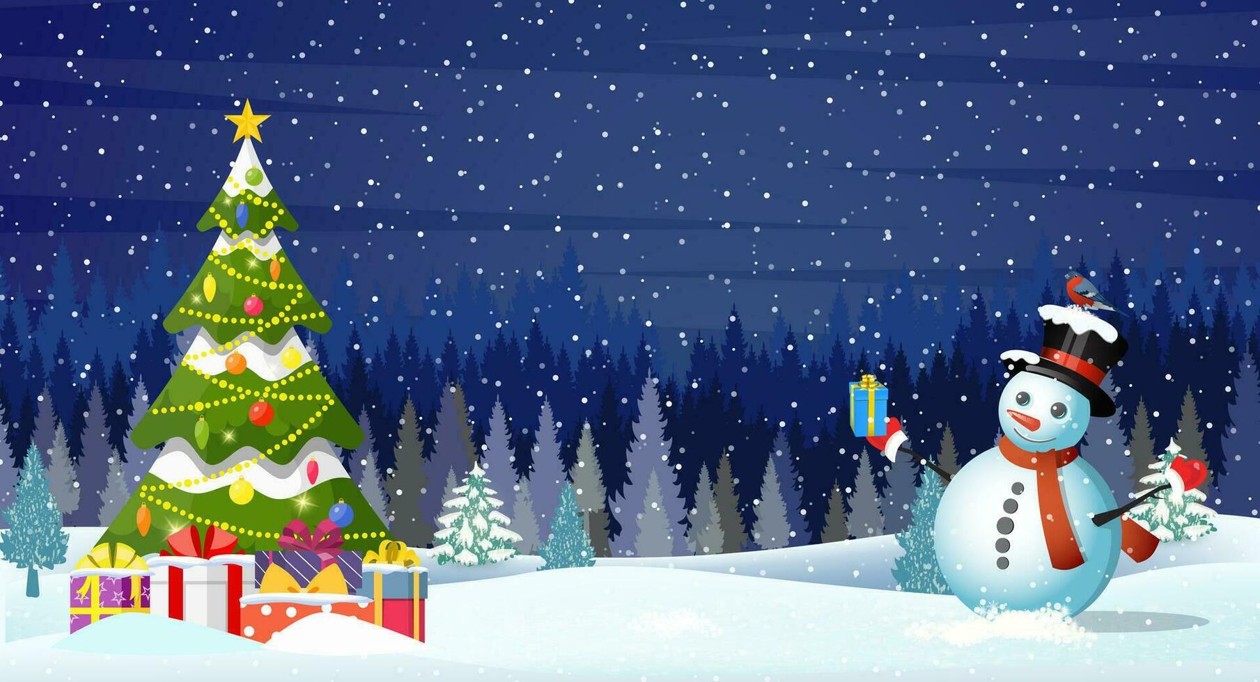 Natale paesaggio a notte. Natale albero e pupazzo di neve. concetto per saluto o postale carta. vettore