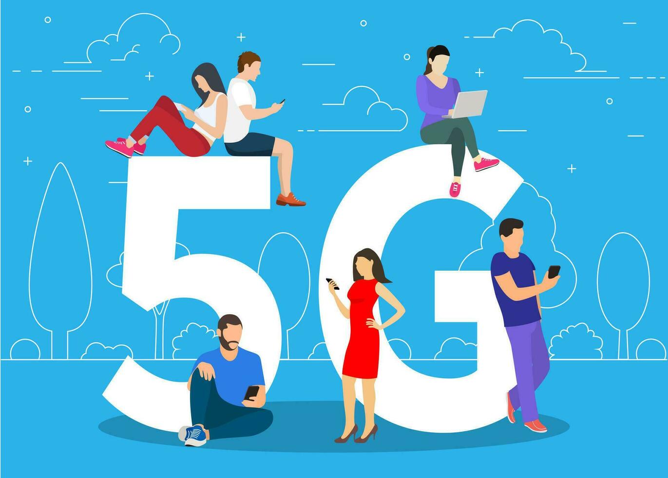 persone con gadget seduta su il grande 5g simbolo. dipendente per reti persone concetto. uomini e donne utilizzando alto velocità senza fili connessione 5g attraverso mobile smartphone. vettore illustrazione nel piatto stile