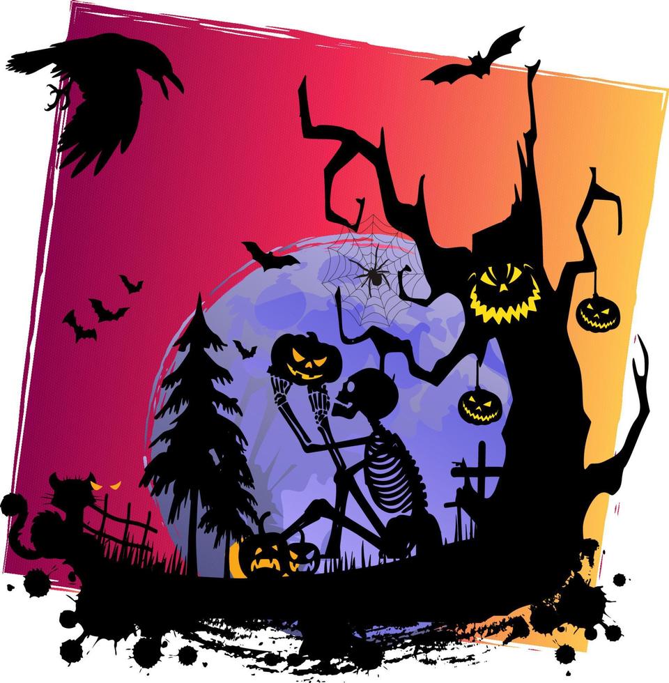 design raccapricciante di halloween con zucche e pipistrelli della casa stregata vettore