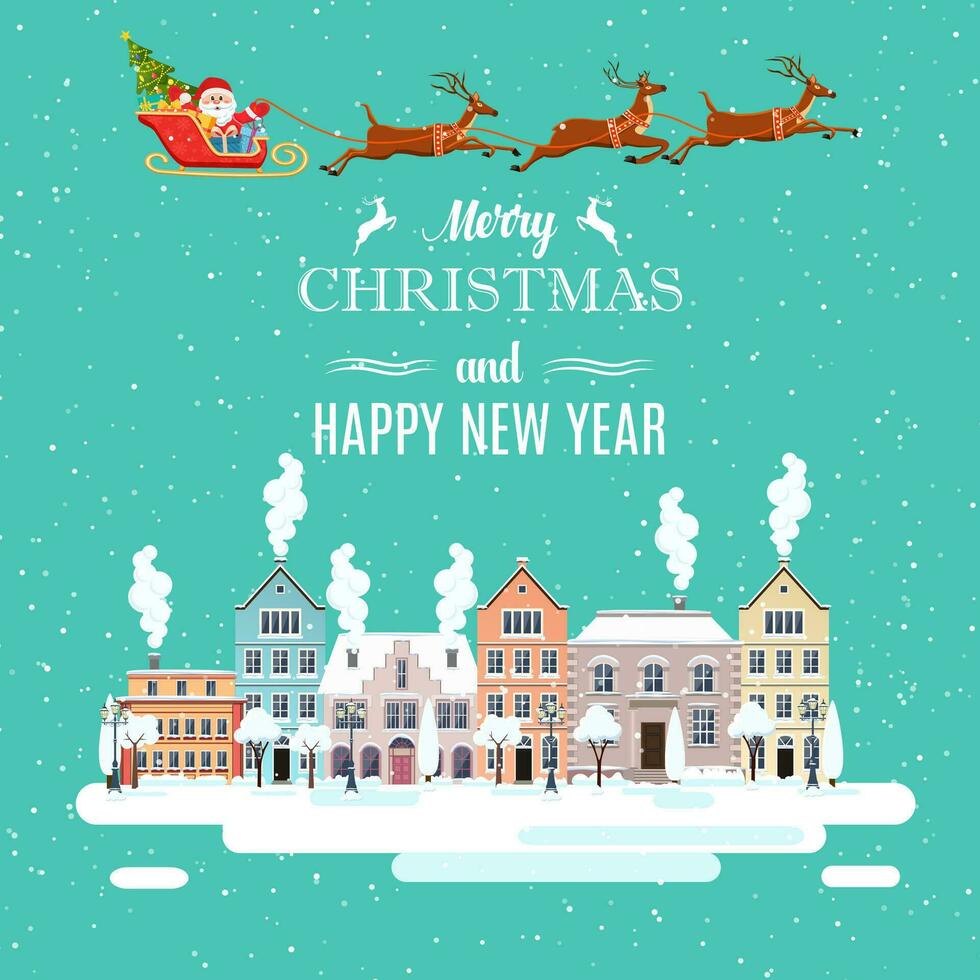 contento nuovo anno e allegro Natale inverno vecchio cittadina strada Santa Claus con Cervi nel cielo sopra il città. concetto per saluto e postale carta, invito, modello. vettore illustrazione nel piatto stile