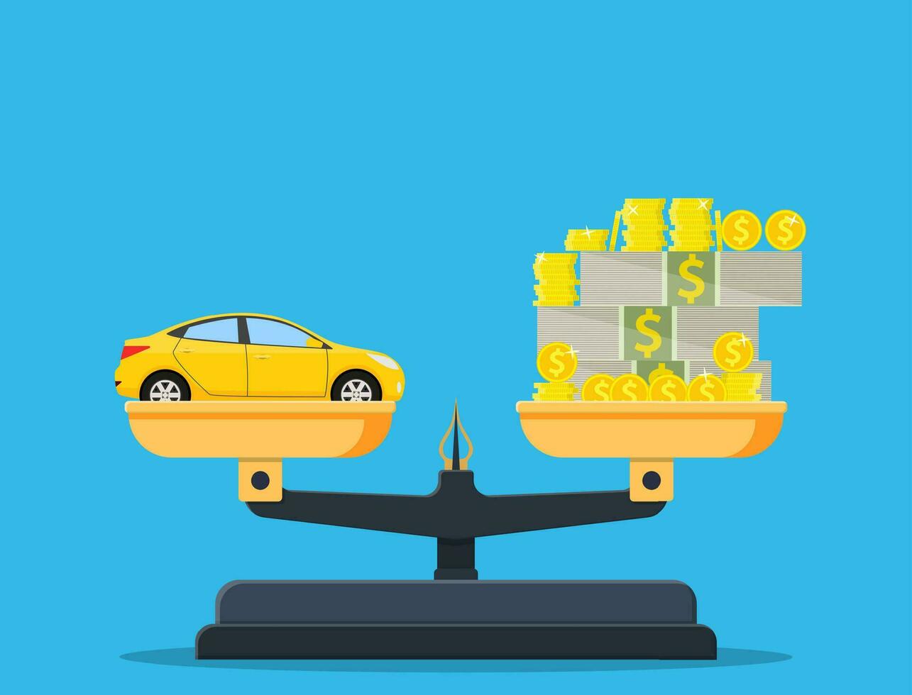 bilancia con auto e i soldi. macchine, prezzi, mercato, investimento concetto. vettore illustrazione nel piatto stile