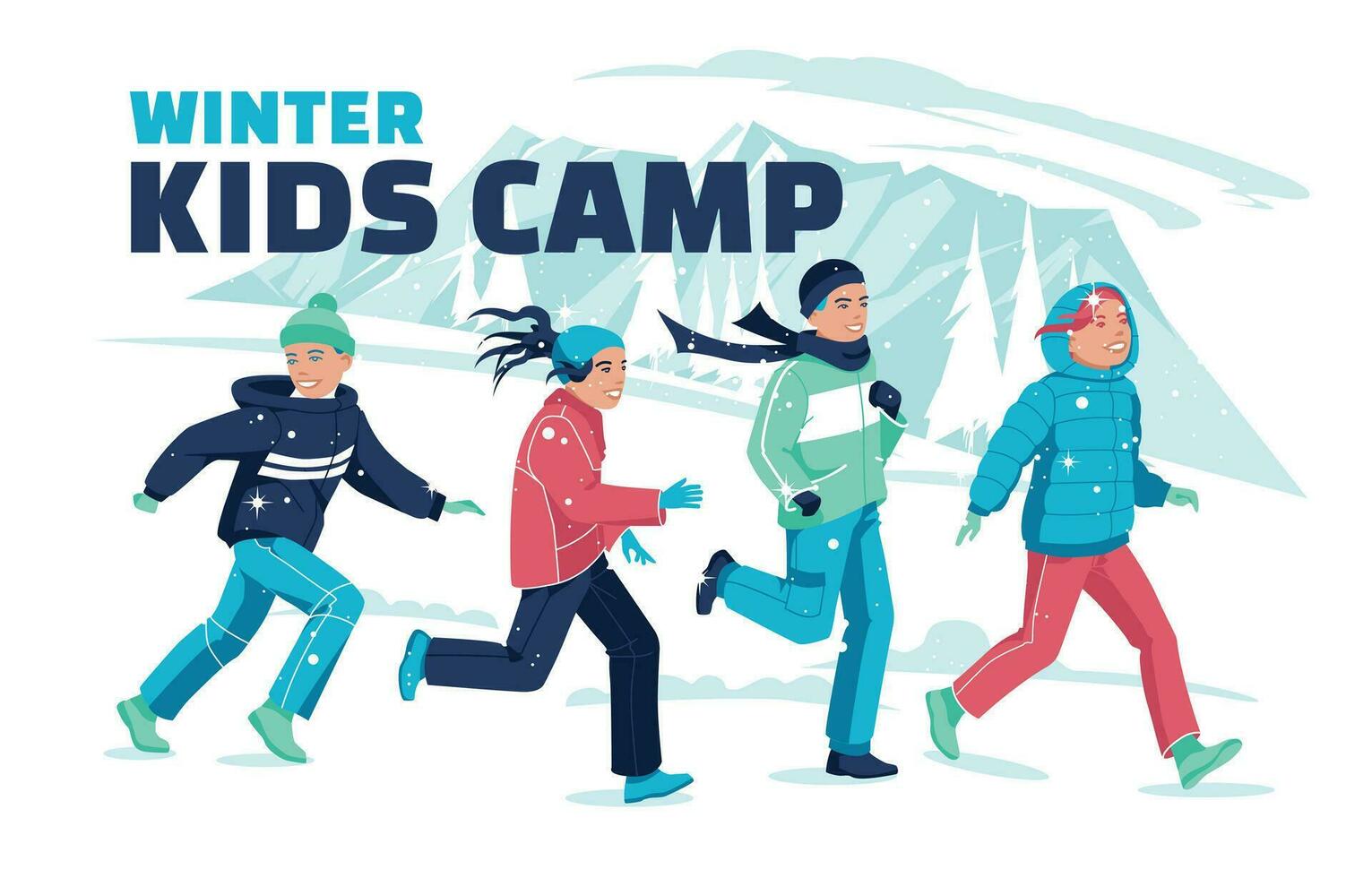 annuncio pubblicitario di un' figli di inverno campo. un' gruppo di bambini corre contro il sfondo di inverno montagne. vettore piatto illustrazione..