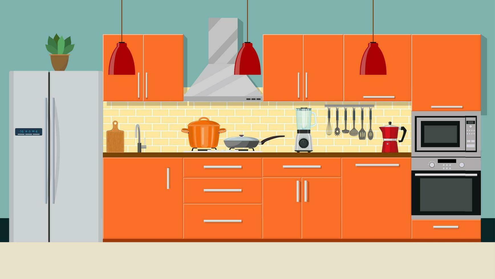 moderno cucina interno con mobilia e cucinando dispositivi. grafico design modello. Lavorando superficie per cucinando. vettore illustrazione nel piatto design