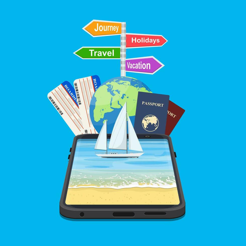 in linea vacanza viaggio mobile App concetto. adatto per sfondo, striscione, sfondo, cartello stradale vacanza, viaggiare, viaggio, vacanze. vettore illustrazione nel piatto stile