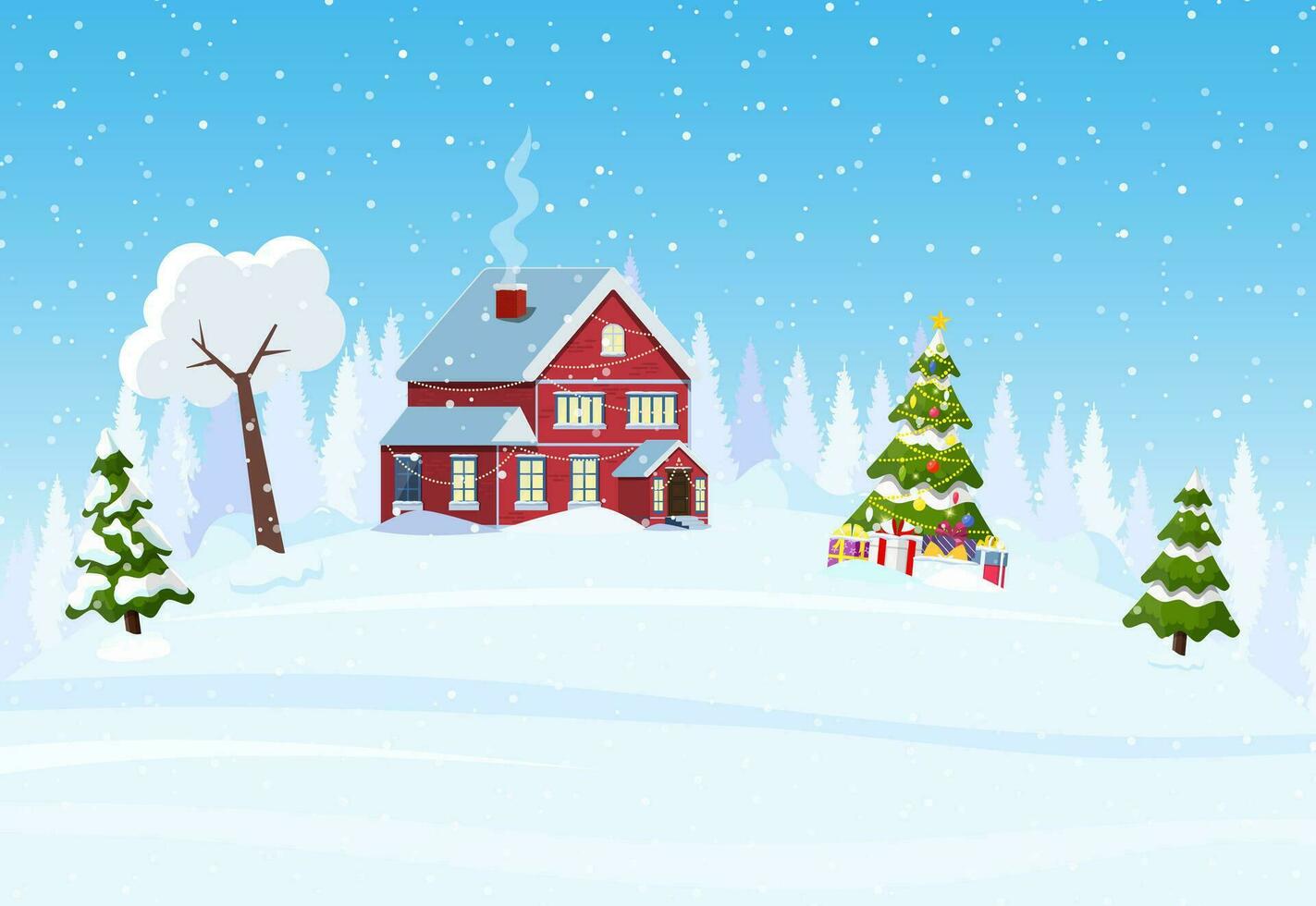 suburbano Casa coperto neve. edificio nel vacanza ornamento. Natale paesaggio albero abete rosso. contento nuovo anno decorazione. allegro Natale vacanza. nuovo anno natale celebrazione. vettore illustrazione