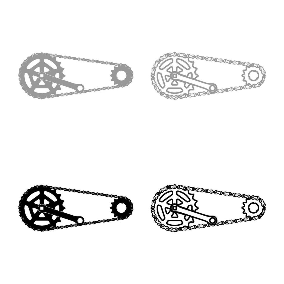 catena bicicletta collegamento bicicletta motociclo Due elemento guarnitura ruota dentata rocchetto manovella lunghezza con Ingranaggio per bicicletta cassetta sistema bicicletta impostato icona grigio nero colore vettore illustrazione Immagine solido riempire