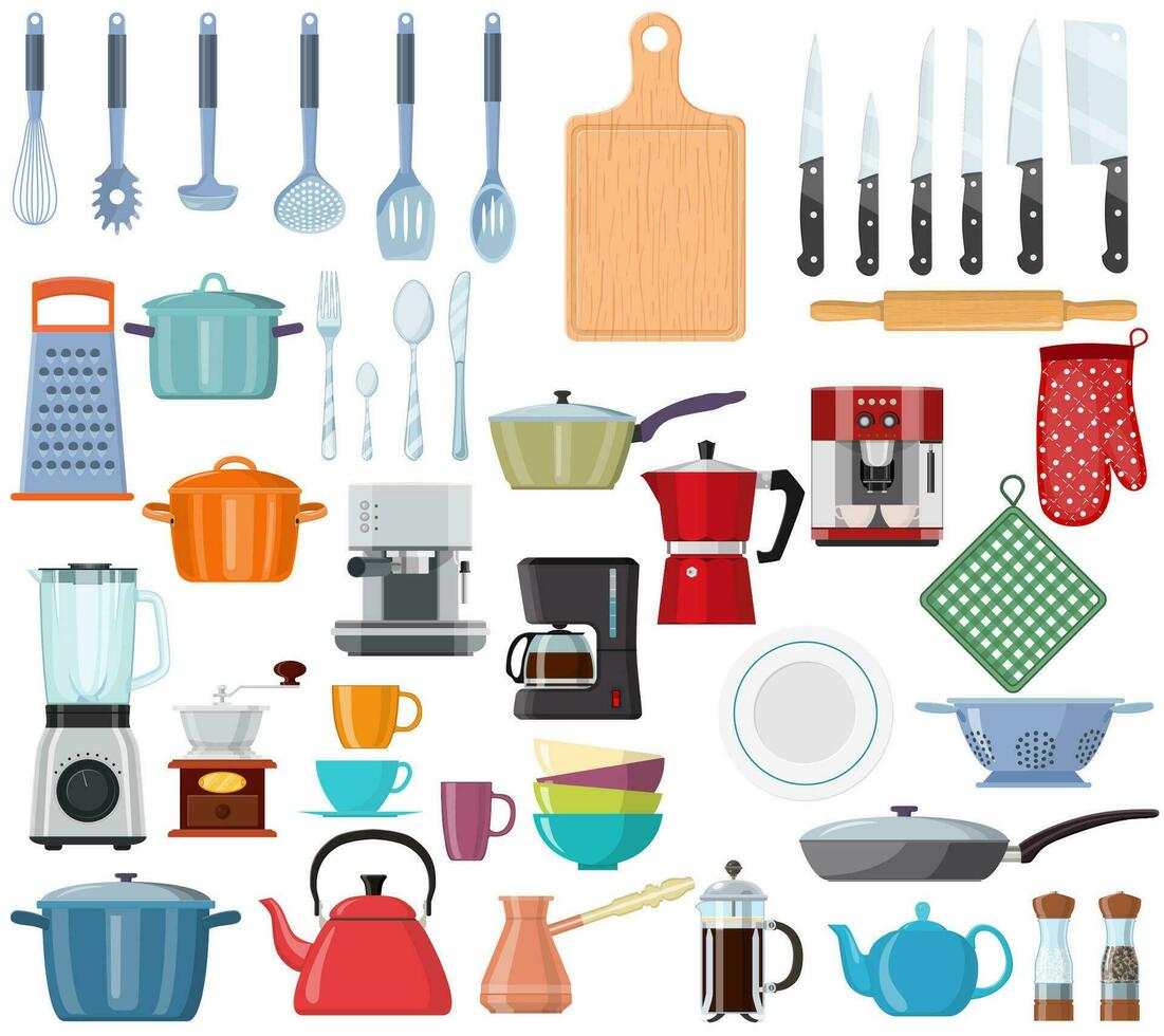 cucina utensili impostato icona. utensili da cucina collezione. molte di cucina Strumenti, utensili, posate. ragnatela pagina design modello manifesto bandiera sito web, ui, ux, mobile Telefono app. vettore illustrazione nel piatto stile.