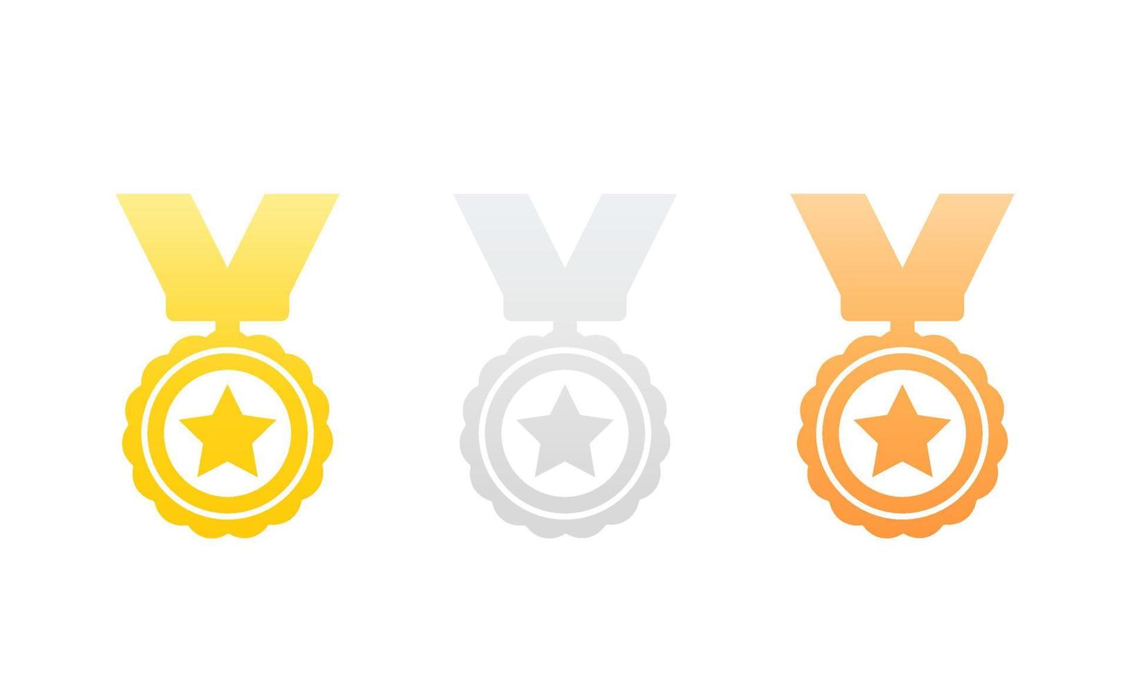 medaglie, oro, argento e bronzo, icone su bianco vettore
