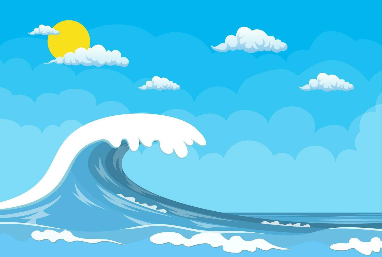 grande oceano onda. estate paesaggio con sole e nube. vettore illustrazione nel piatto stile