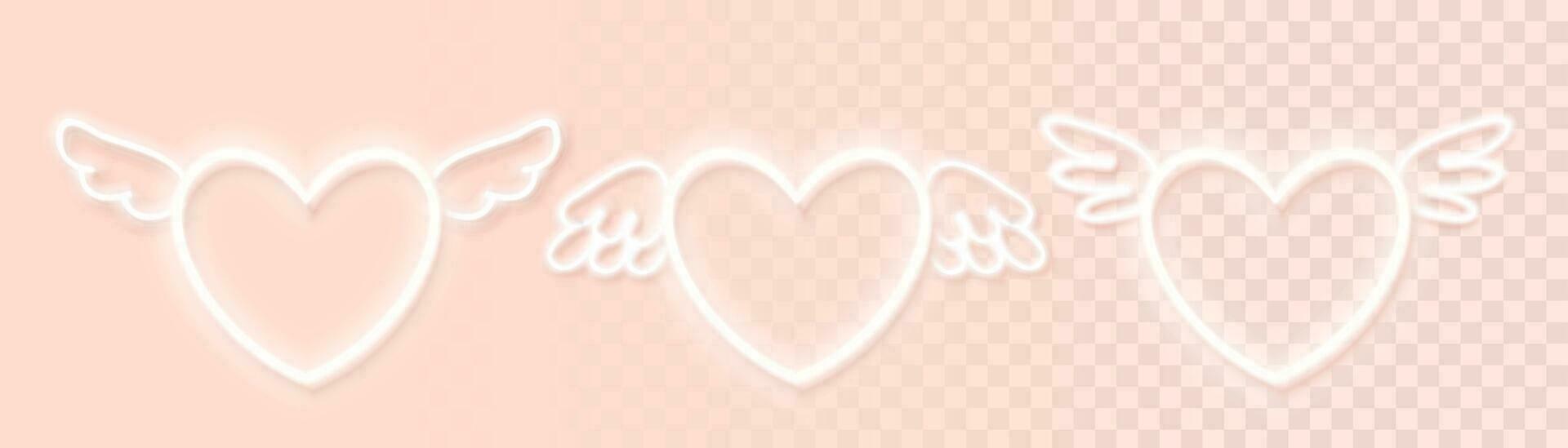 impostato di bianca neon raggiante cuore icone per leggero sfondi. cuori con diverso Ali. design elementi per saluto carte, banner per San Valentino giorno. vettore illustrazione