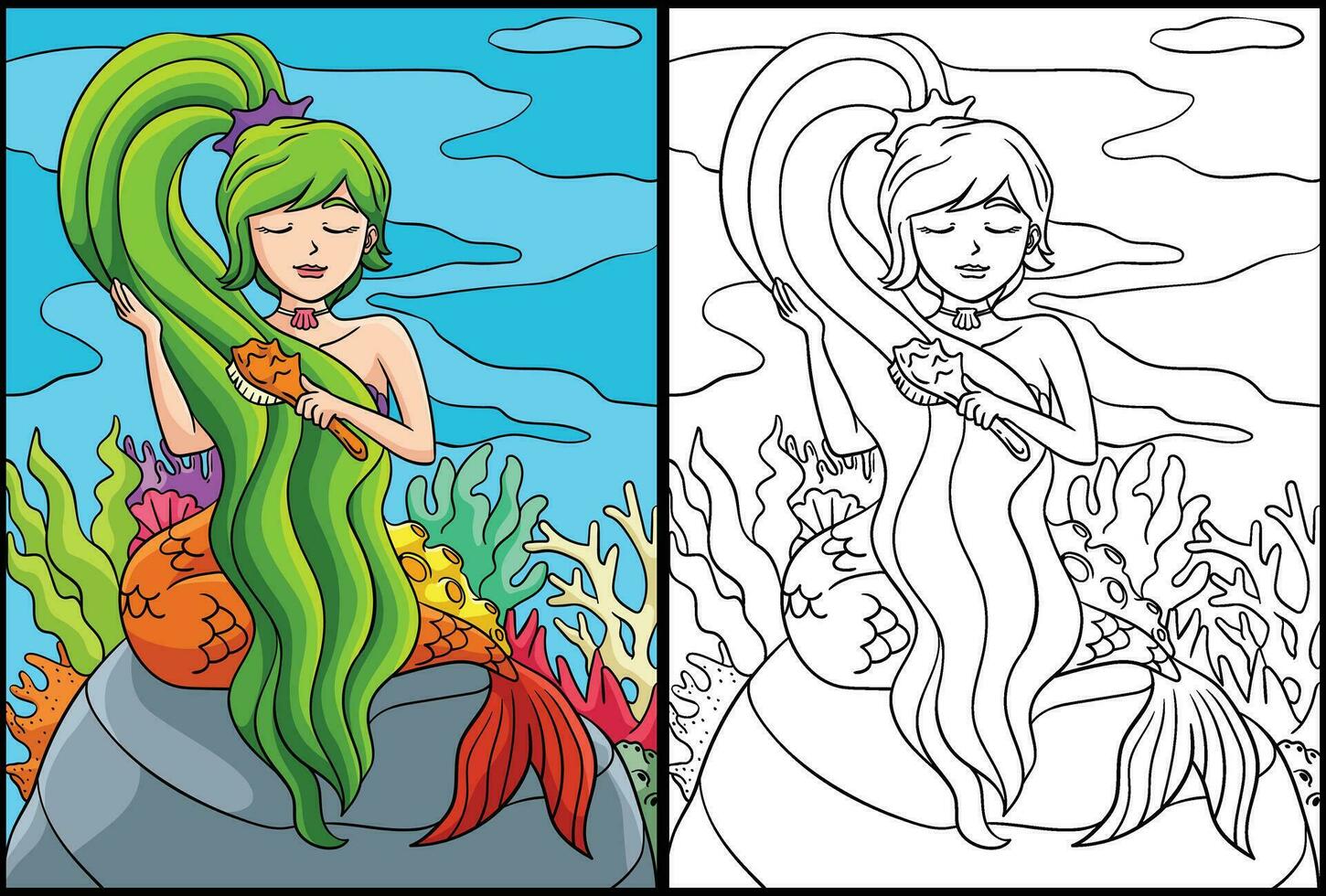 sirena spazzolatura capelli colorazione pagina illustrazione vettore