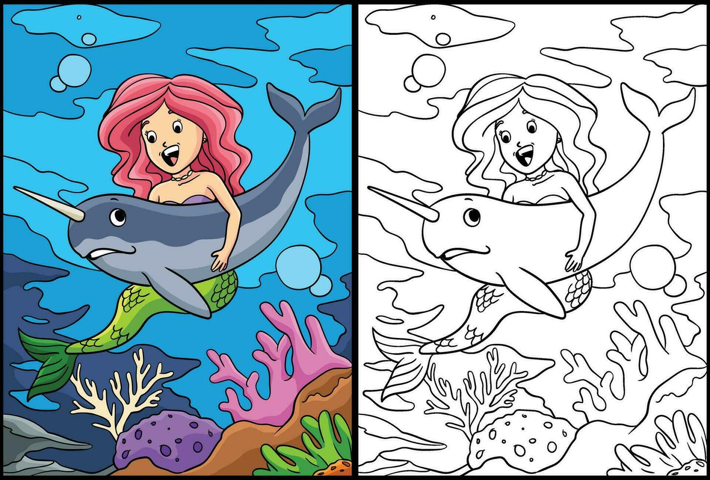 sirena e abbracciare narvalo colorazione illustrazione vettore