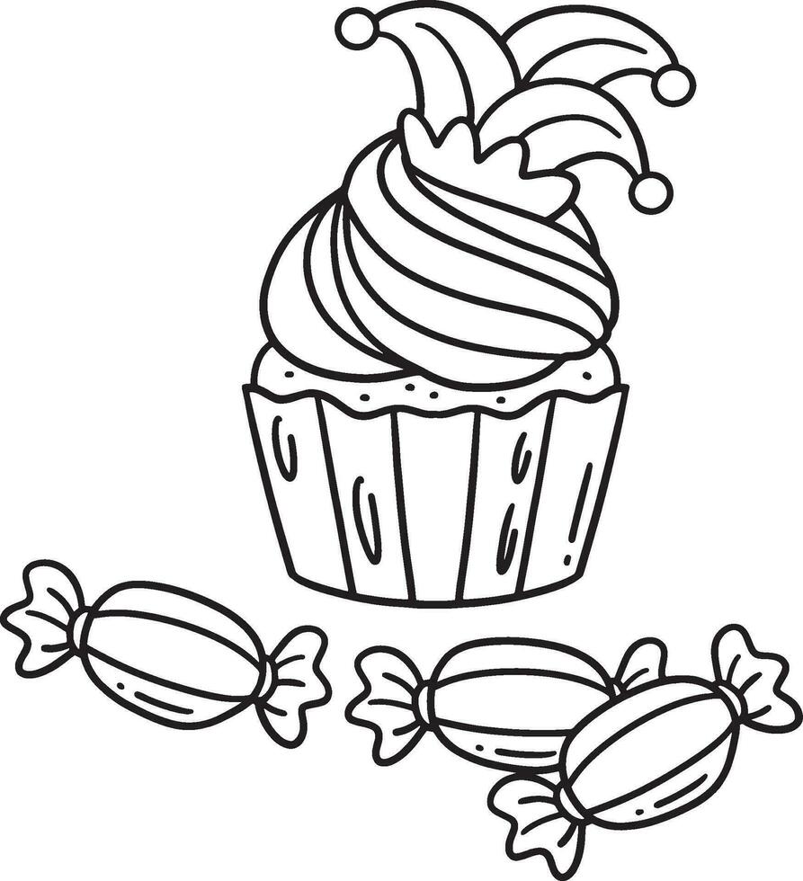 Cupcake e caramella isolato colorazione pagina per bambini vettore