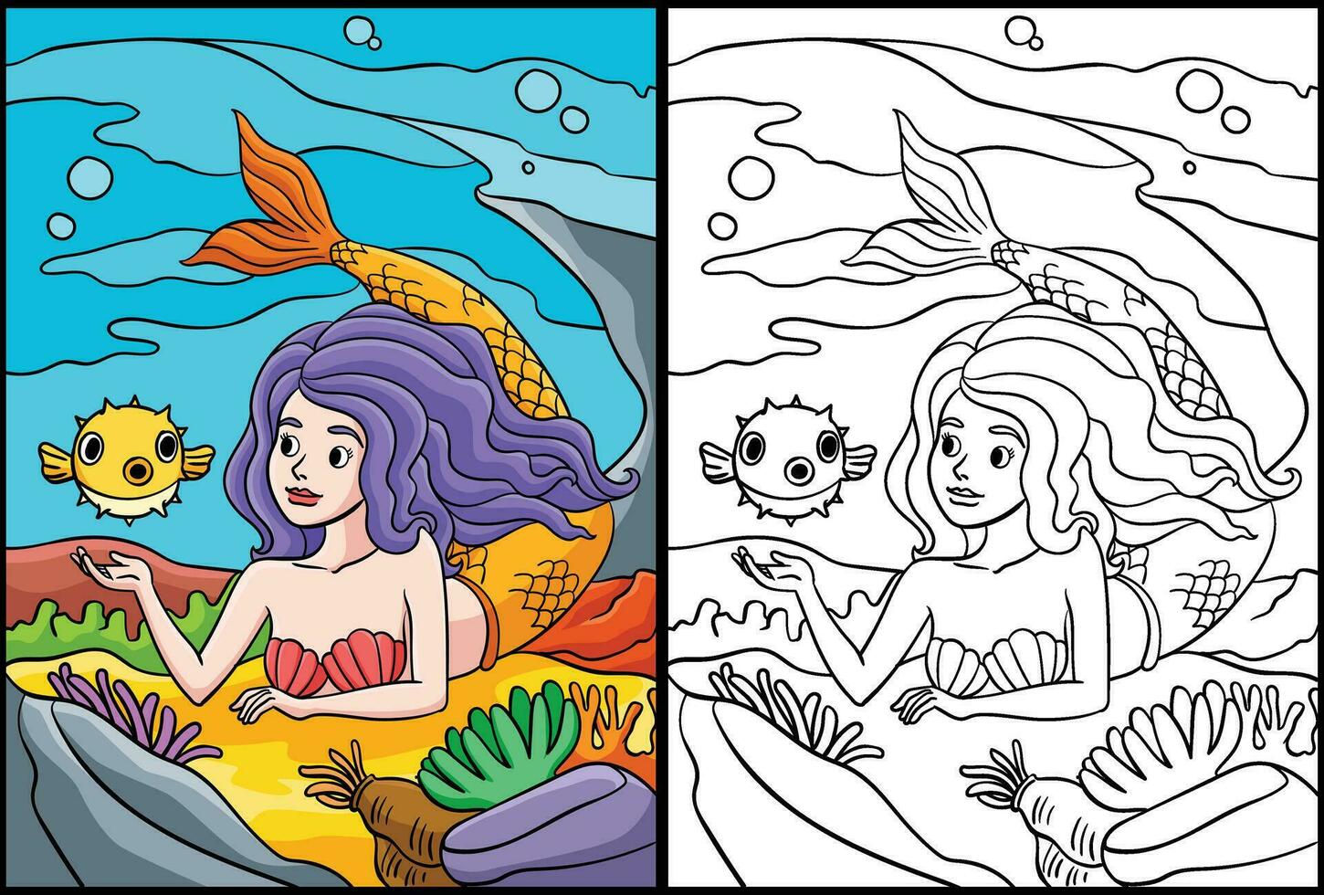 sirena e Pesce palla colorazione pagina illustrazione vettore