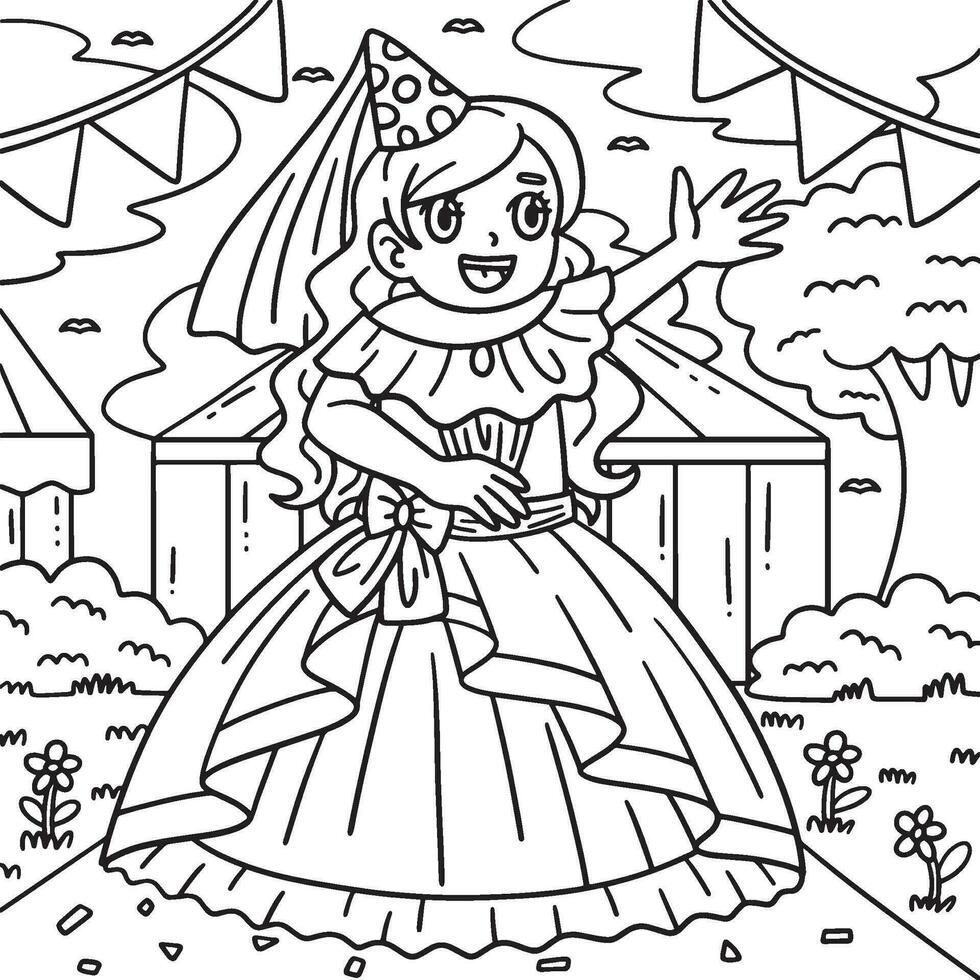 circo ragazza nel un' Principessa costume colorazione pagina vettore