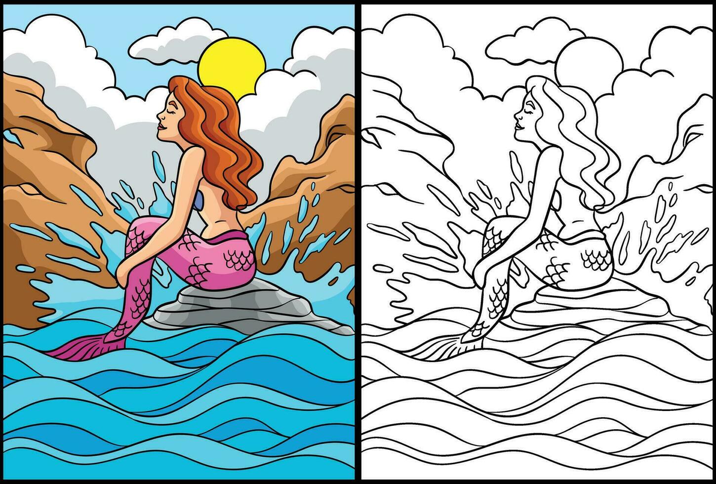 sirena seduta su il roccia colorazione illustrazione vettore