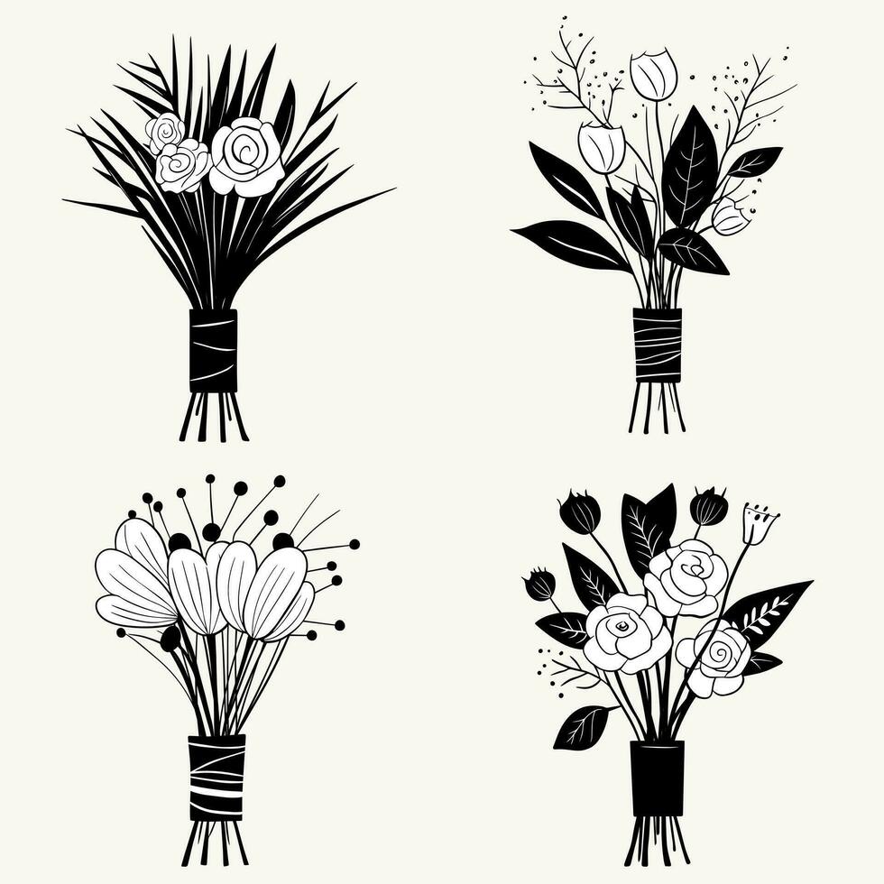 monocromatico fiore mazzi di fiori mano disegnato. vettore schema impostato di primavera mazzi di fiori nel nero.