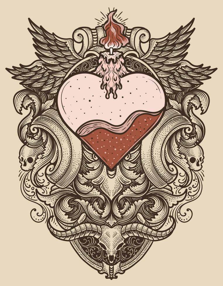 illustrazione mano disegnato. Vintage ▾ amore cuore con incisione ornamento vettore