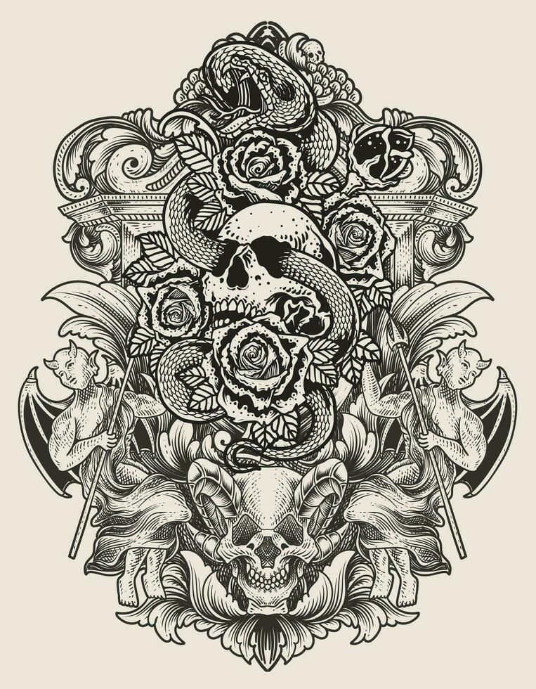 illustrazione Vintage ▾ cranio serpente rosa con incisione ornamento vettore