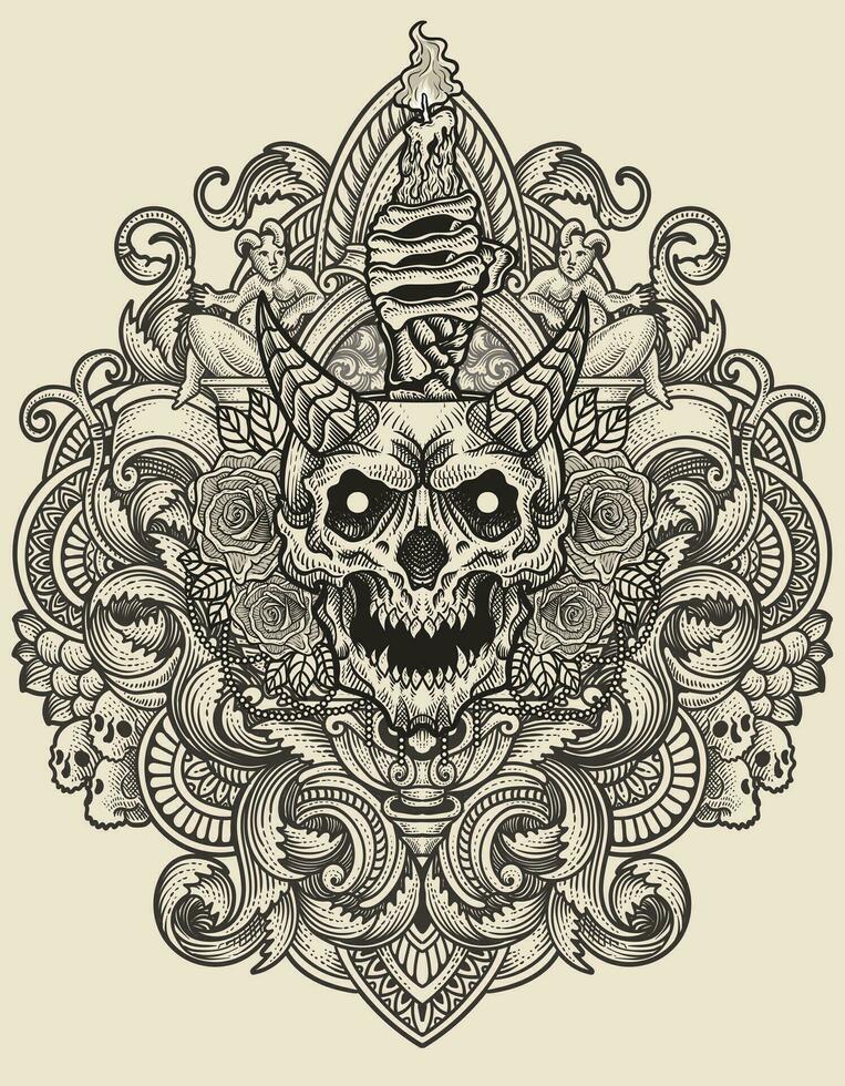 illustrazione mano disegnato. demone cranio candela con rosa fiore - Vintage ▾ incisione ornamento vettore