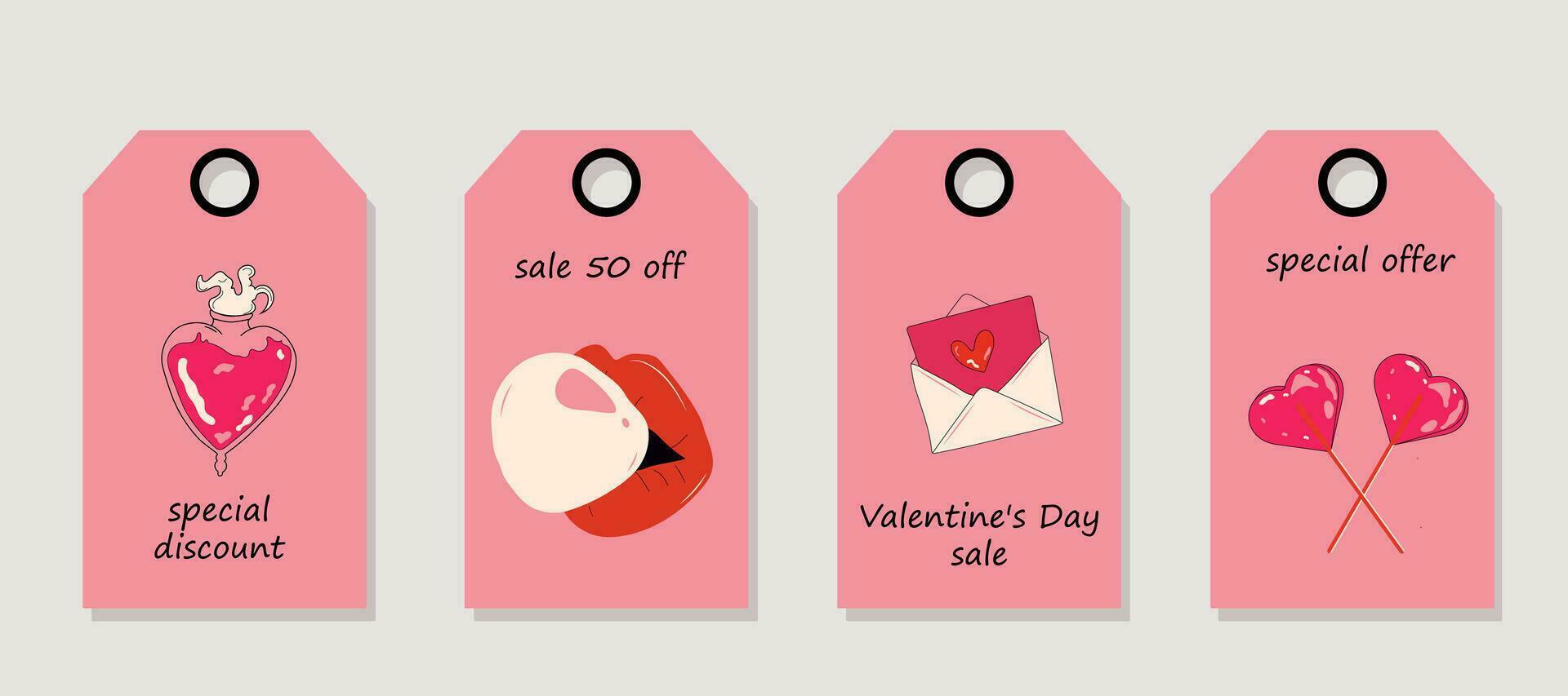 vettore impostato di sconto prezzo tag. etichette con amore adesivi. San Valentino giorno saldi.