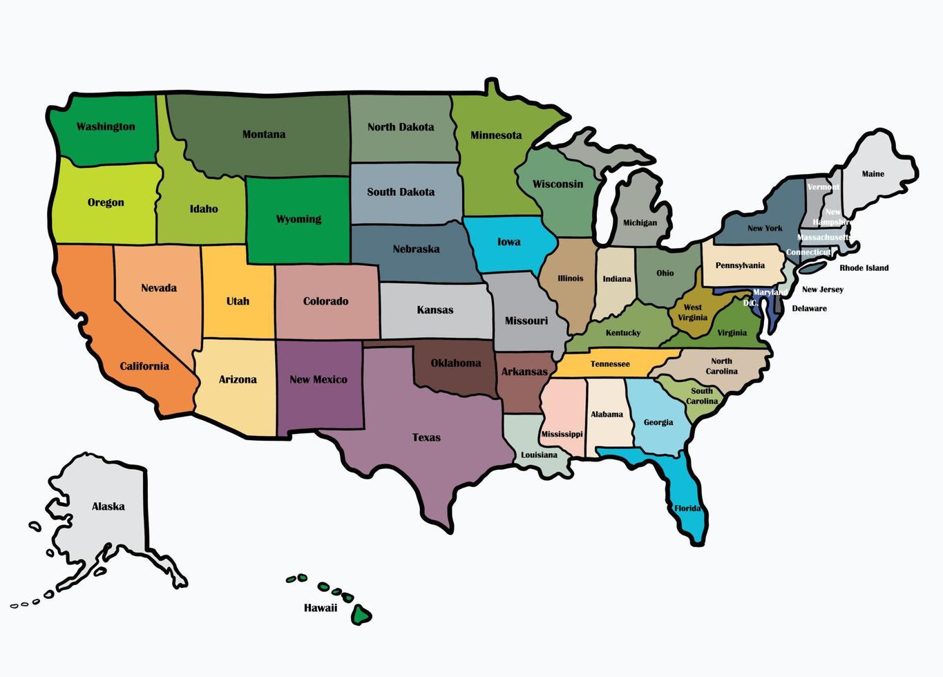 scarabocchiare il disegno a mano libera della mappa degli stati uniti d'america. v vettore